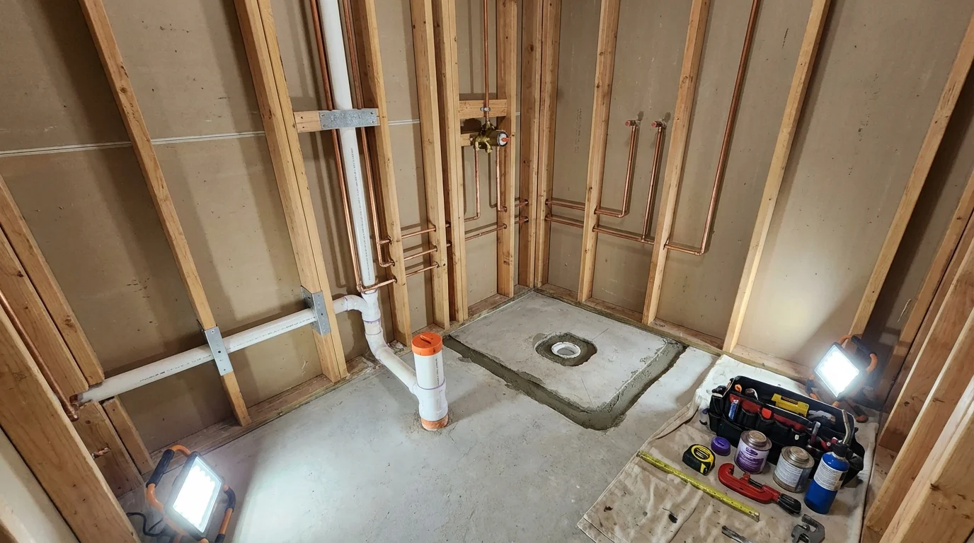 Bathroom rough-in plumbing during remodel by Johns Plumbing LLC in Lovettsville