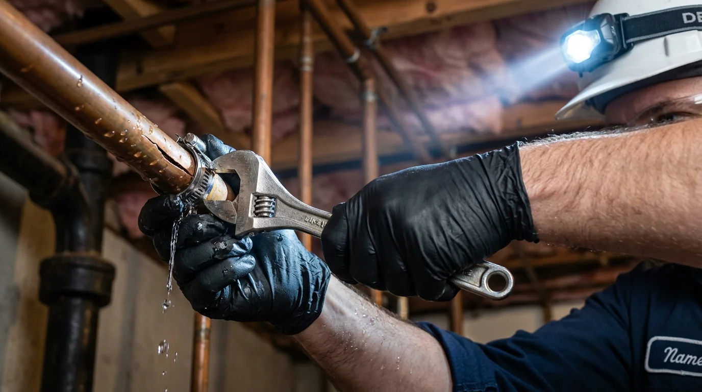 Emergency pipe clamp repair being performed by a Johns Plumbing LLC plumber in Lovettsville
