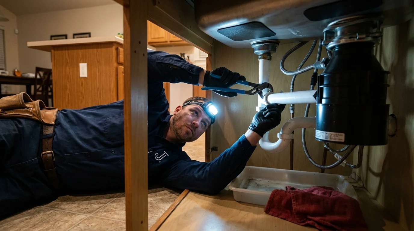 P-trap and supply line connections under a kitchen sink showing a common leak point in Lovettsville, VA
